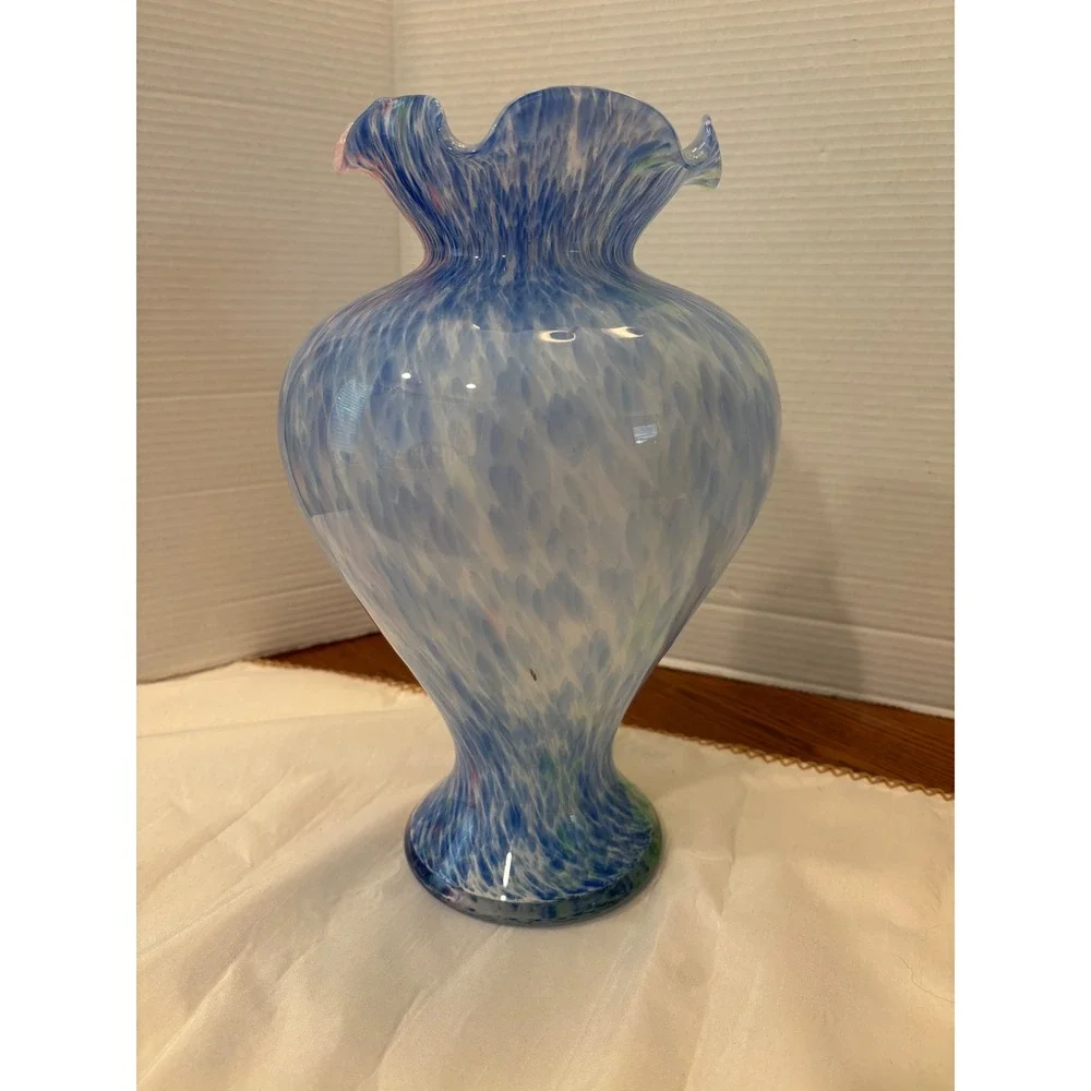 Arte Murano Glass Vase Ruffled Rim Confetti Blue Pink Green  11.75